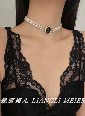 复古闪钻珍珠双层choker项链女