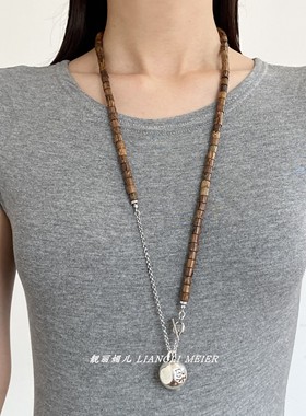 棕木珠高级感金属旋转茶壶项链女