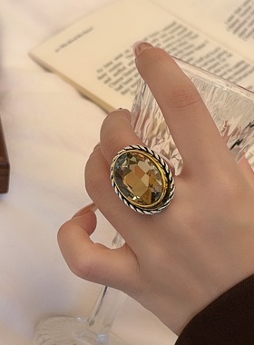 茶色水晶vintage宝石开口戒指女
