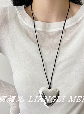 夸张银色大爱心项链长款毛衣链