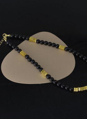 金属片拼接女黑串珠项链锁骨链
