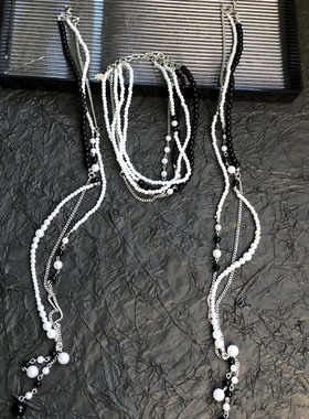 个性纯手工黑白珍珠流苏项链女