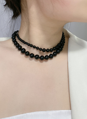 珍珠圆珠女黑色渐变锁骨链