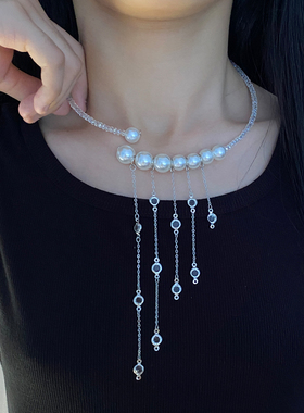 水晶珍珠女水晶流苏长项圈锁骨链