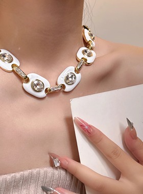 中古风金属粗链滴油拼接闪钻项链