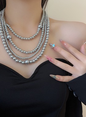 高端灰色珍珠毛衣链长款叠戴配饰