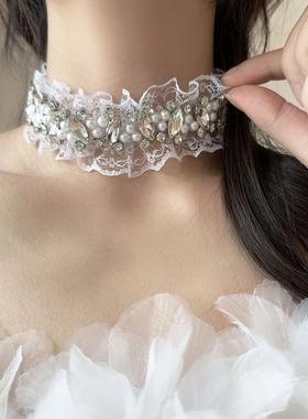 超闪水钻锆石蕾丝choker项链女