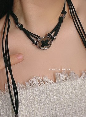 金属丝绒流苏女大纽扣项链锁骨链