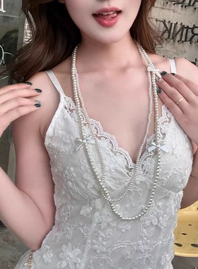 长款珍珠蝴蝶结叠戴双层毛衣项链