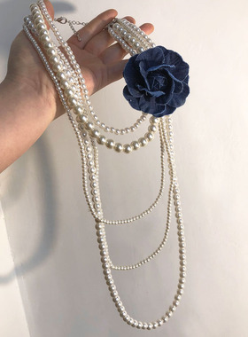 叠戴珍珠蓝色花项链复古旗袍颈链