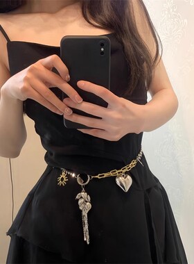 金属链多元素爱心吊坠流苏腰链女
