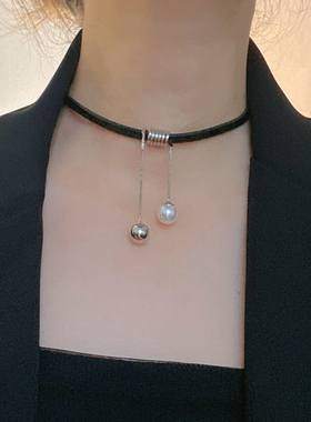 珍珠皮质流苏女金属球锁骨链项链