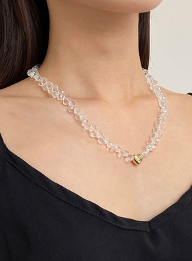 高级感透明白水晶爱心项链女