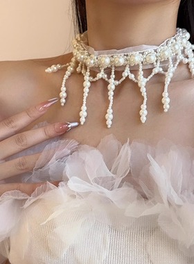 公主珍珠串珠流苏蕾丝choker项链