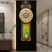 New Chinese timepiece brass hanging bell sitting room solid wood clock hanging wall light lavish fashion home mute decorated quartz clock