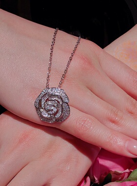 山茶花锆石项链银色闺蜜合成立方氧化锆轻奢女士法式复古锁骨链