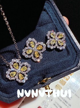 珠宝 复古鸡油黄蜜蜡蛋形宝石耳环 宴会高定 繁花满钻耳坠组合