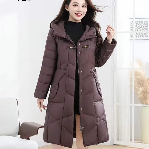 西子蝴蝶中年妈妈长款羽绒服女冬季白鸭绒保暖连帽中长款羽绒棉服 - 图1