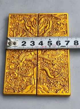 旧货收藏铜鎏金大明宣德双龙令牌手工浮雕老物件文房镇尺一对