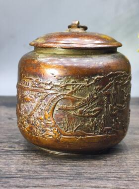 纯铜茶叶罐老式茶叶罐清明上河图茶叶罐书房客厅玄关摆件
