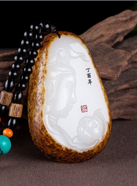 阿富汗莲花观音手把件阿富汗玉带皮莲花观音手把件玉坠