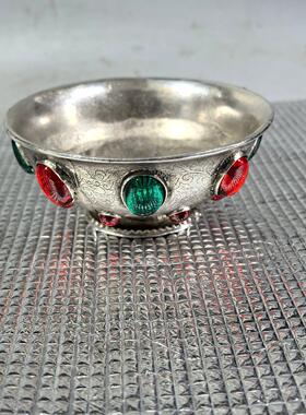 仿古纯铜镀银多宝石碗家用茶几中国风摆件茶碗