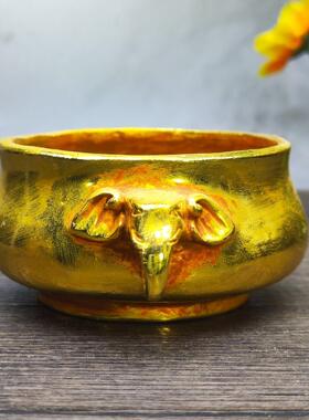 仿古黄铜鎏金象耳炉客厅国风香炉纯铜中国风工艺品摆件