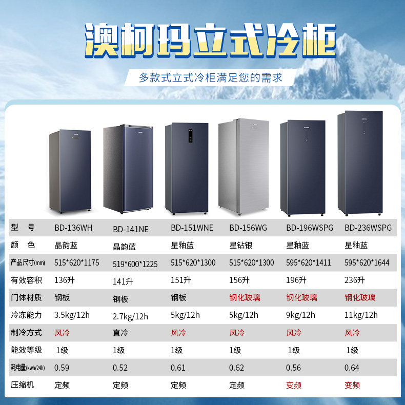 澳柯玛141 /236升立式风冷冷冻柜 澳柯玛盛逸冷柜