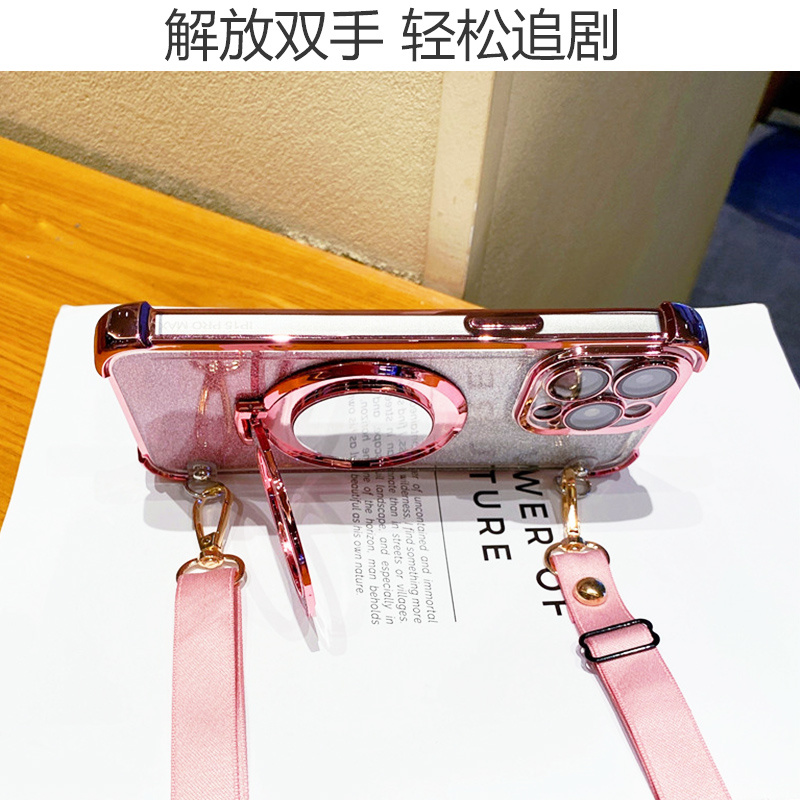 适用苹果15手机壳车载磁吸支架14plus带镜子iPhone13镜头膜全包12pro气囊防摔11max闪粉软壳XR斜挎背带16挂绳 - 图1