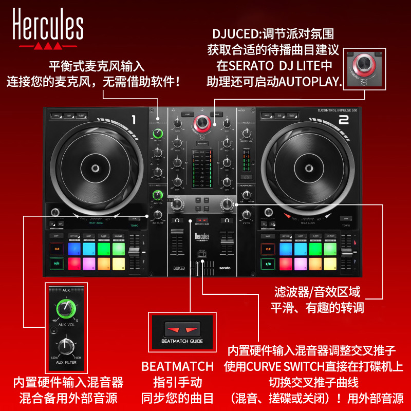 Hercules嗨酷乐Inpulse500入门级DJ打碟机家用酒吧电音DJ控制器 - 图2