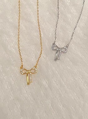 S925纯银镀14K金蝴蝶结镶钻项链女小众设计精致轻奢百搭锁骨链