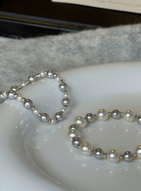 爆闪小银珠原创银色手链真多麻灰色间隔施家珍珠小众气质手链