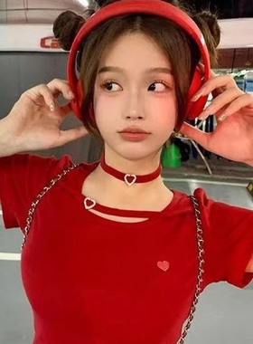 黑色酒红爱心丝绒choker少女项圈