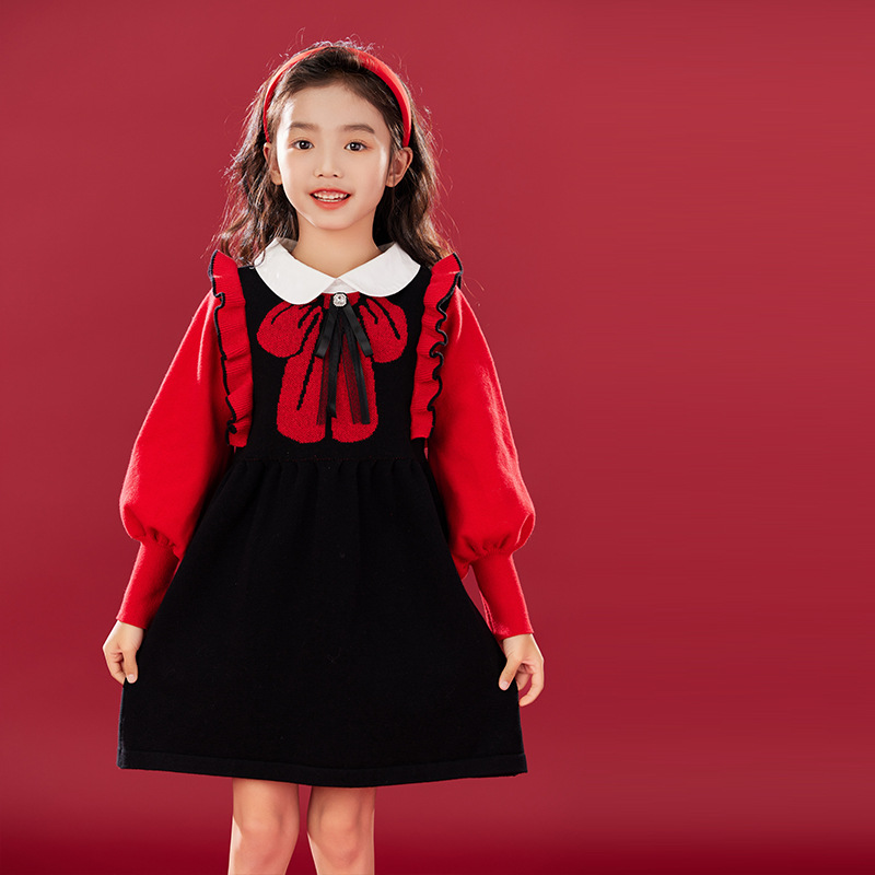 娃娃领甜美女童毛衣裙冬季新款红色经典翻领连衣裙中大童拜年衣服