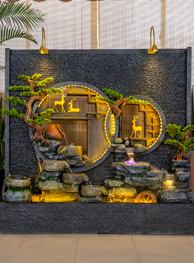 大型水幕墙假山流水喷泉摆件屏风酒店别墅招财风水轮庭院落地景观