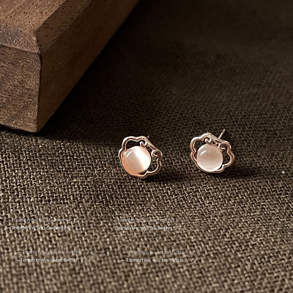 BO丨如意平安长命锁！玻璃猫眼石925银针迷你版玫瑰金耳钉女L785 - 图2