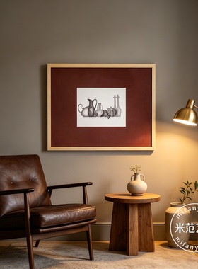 中古风复古红底静物陶罐装饰画原木风客厅餐厅简约器皿小众挂画