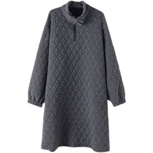 欧货个性冬季菱格夹棉连衣裙中长款高领大码胖mm复古棉衣卫衣裙子 - 图3