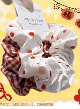 秋冬藏青喵｜红草莓发绳 奶油猫咪蝴蝶结大肠圈 格子新年礼物发饰