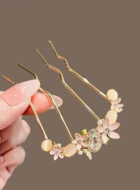 高级感新款插梳后脑勺盘发U型簪子发钗精致猫眼粉花波浪发梳女
