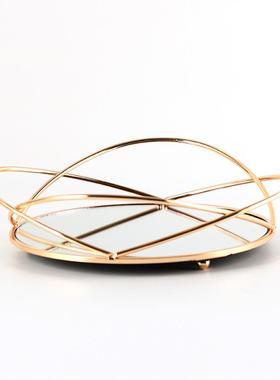 北欧轻奢创意环绕镜面果盘摆件样板房酒店甜品碟卧室收纳托盘饰品