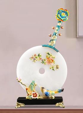 新中式轻奢香山凤鸣琵琶平安扣玉石扣摆件客厅酒柜玄关装饰品礼品