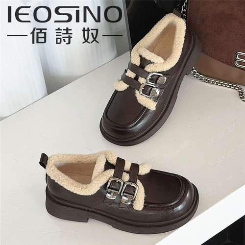 366527812佰诗奴2025新款加绒女百搭皮带扣小皮鞋冬季保暖乐福鞋 - 图2