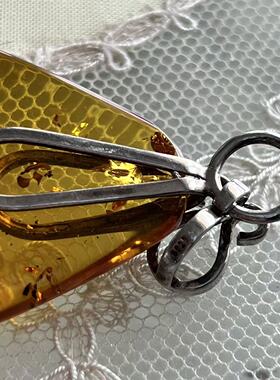 欧洲古董天然老琥珀925银扣随性水滴吊坠挂件