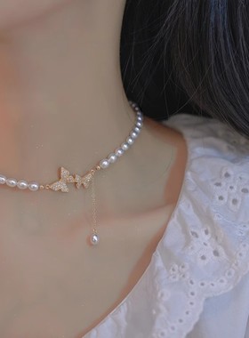 法国天然淡水珍珠项链女蝴蝶吊坠小众轻奢毛衣链送妈妈生日礼物