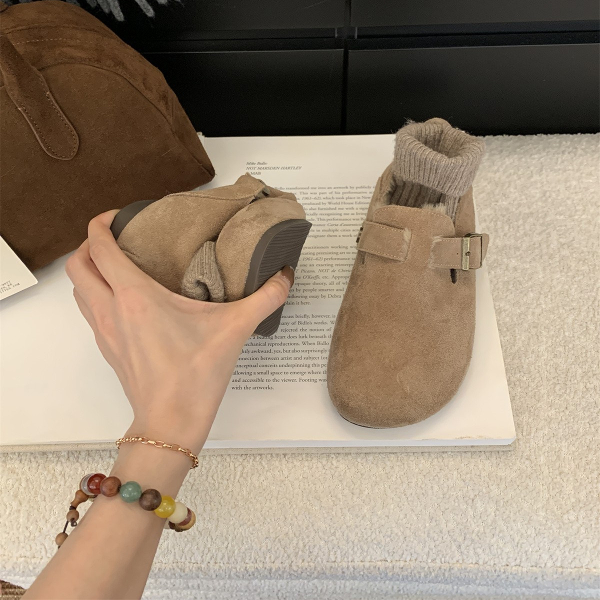 真牛皮软平底勃肯鞋女加绒保暖春秋冬季新款复古丑萌单鞋子一脚蹬 - 图3