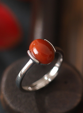 戒指女轻奢高级感925银南红玛瑙