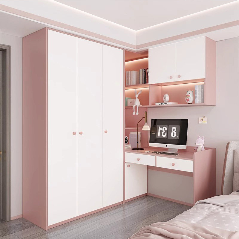 定制女孩粉色ENF级欧松板儿童转角电脑桌衣柜连体书桌柜一体,淘宝优惠券,粉丝福利购,淘宝优惠卷