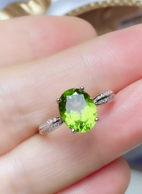 8x10 天然橄榄石戒指女S925银玫瑰金色时尚经典白金色绿色宝石