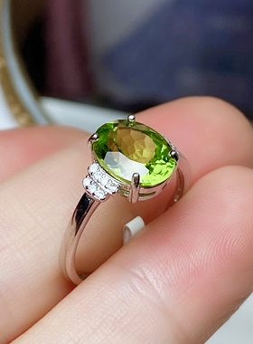 8x10 天然橄榄石戒指女S925银玫瑰金色时尚经典白金色绿色宝石